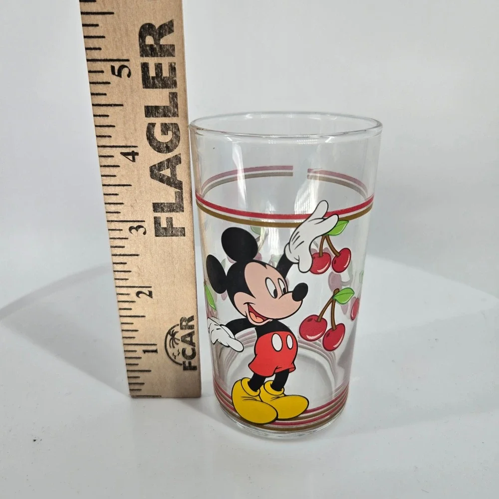 Disney Mickey Mouse Cherry Glass Tumbler Vintage Clear Drinking Glass Red Gold